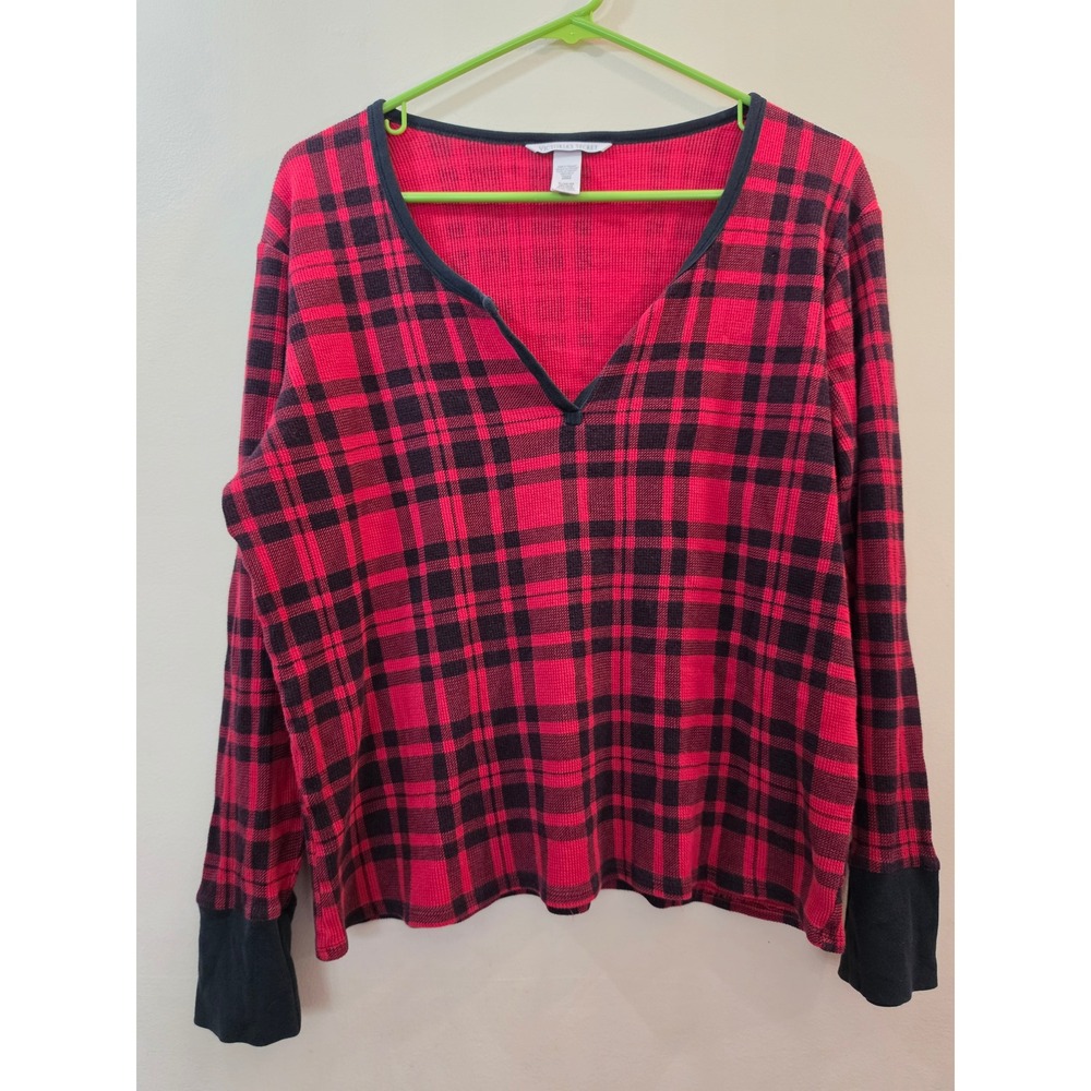 Victorias Secret Red Black Plaid Thermal Pajama Top XL Long Sleeve Waffle Knit